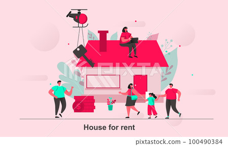 House for rent web concept design in flat style. House renting to family scene visualization. Real estate purchase and rental service. Vector illustration with tiny people characters in life situation House for rent web concept design in flat style. House renting to family scene visualization. Real estate purchase and rental service. Vector illustration with tiny people characters in life situation 100490384