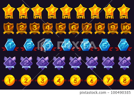 Game badges with level number. Level results vector icon design for the game, UI, banner, design for app, interface, game development 100490385
