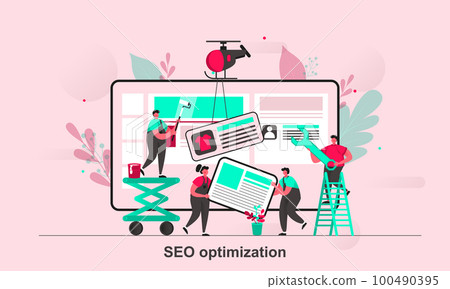 SEO optimization web concept design in flat style. SEO teamwork scene visualization. Website optimization for relevant searches. Vector illustration with tiny people characters in life situation. 100490395