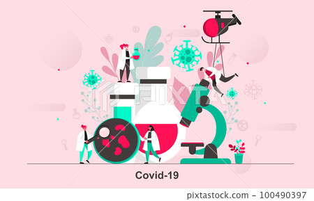 Covid-19 web concept design in flat style. Scientific team researching coronavirus at laboratory. Vaccine development scene visualization. Vector illustration with tiny people characters in situation. 100490397