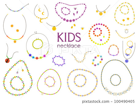 Kids necklace. Hand made groovy child beads bracelet pendant cartoon style. Collection of cartoon drawings of bracelets from colorful beads with letters for children 100490405