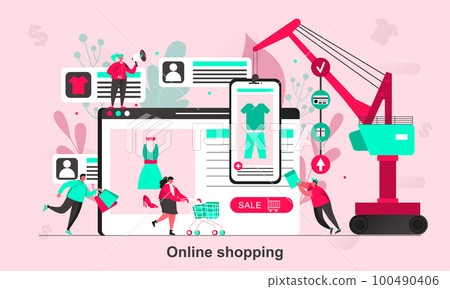 Online shopping web concept design in flat style. Customers with shopping bags scene visualization. Online clothes store advertising. Vector illustration with tiny people characters in life situation. 100490406