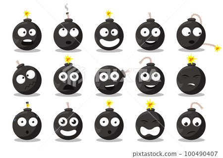 Cartoon bomb emotions set. Doodle explosive round weapon mascot with funny cartoon faces and expressions. 100490407