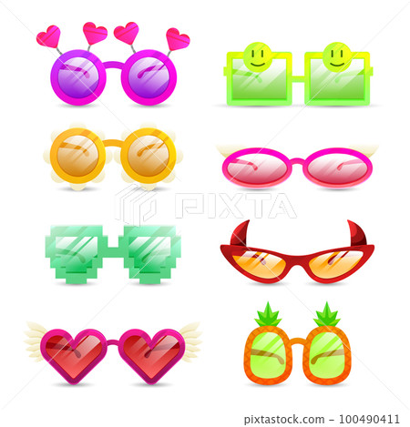 Glasses colorful vector set illustration. Carnival Glasses Realistic Set. Glasses summer symbol. Glasses set for traveling design. Glasses colorful vector set illustration. Carnival Glasses Realistic Set. Glasses summer symbol. Glasses set for traveling design. 100490411