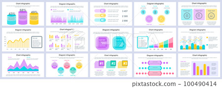 Bundle business and finance infographics presentation slides template. Different charts, diagrams, workflow, flowchart, timeline, schemes design template. Vector info graphic 100490414