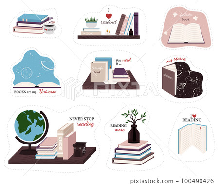 Reading emblems. Bookstore, library icon. Science literature, dictionary. Study books pile. Studies symbol. 100490426