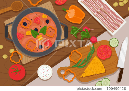 Food and cooking banner. Chefs at work in the kitchen 100490428