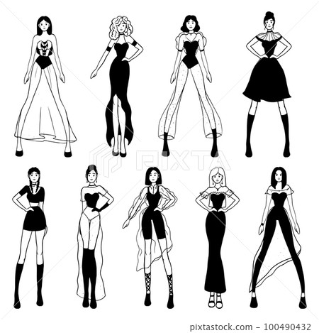 Set of women dressed in stylish trendy clothes. Stylish fashion models. Fashion girls sketch. 100490432