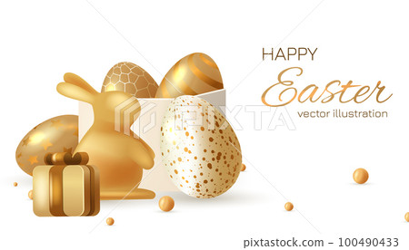 Easter day design. Realistic gifts boxes. Happy Easter lettering background with 3D realistic golden glitter decorated eggs, confetti. Easter day design. Realistic gifts boxes. Happy Easter lettering background with 3D realistic golden glitter decorated eggs, confetti. 100490433