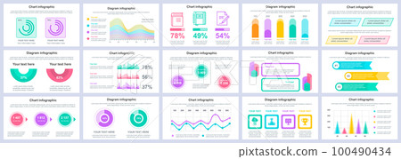 Bundle business and finance infographics presentation slides template. Different charts, diagrams, workflow, flowchart, timeline, schemes design template. Vector info graphic 100490434