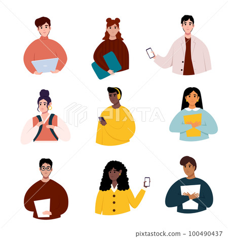 Set of vector ready to animation people characters performing various activities. Different nation young girls and boys holding books and laptop. Students group, international people vector. Set of vector ready to animation people characters performing various activities. Different nation young girls and boys holding books and laptop. Students group, international people vector. 100490437