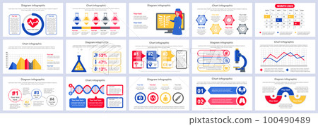 Bundle medical services infographics presentation slides template. Different charts, diagram, workflow, flowchart, healthcare icons, medicine design template. Vector info graphic 100490489