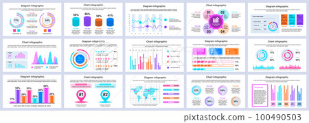 Bundle business and finance infographics presentation slides template. Different charts, diagrams, workflow, flowchart, timeline, schemes design template. Vector info graphic 100490503