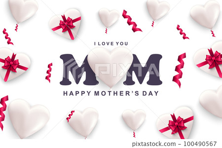 Happy mother's day greeting card. White hearts with red ribbon bows and falling confetti. Holiday congratulation vector illustration. Art realism, beautiful web banner with realistic 3d elements. Happy mother's day greeting card. White hearts with red ribbon bows and falling confetti. Holiday congratulation vector illustration. Art realism, beautiful web banner with realistic 3d elements. 100490567