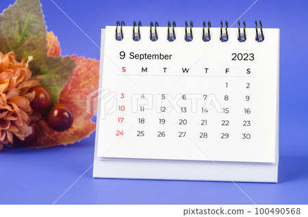 The September 2023 Monthly desk calendar for 2023 year with flower on purple background. The September 2023 Monthly desk calendar for 2023 year with flower on purple background. 100490568