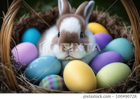 Basket filled with brightly - colored Easter eggs, surrounded by a field of blooming flowers and a happy bunny Easter illustration generative ai Basket filled with brightly - colored Easter eggs, surrounded by a field of blooming flowers and a happy bunny Easter illustration generative ai 100490726