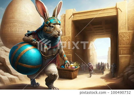 Time - traveling Easter bunny delivering eggs to ancient civilizations Easter illustration generative ai Time - traveling Easter bunny delivering eggs to ancient civilizations Easter illustration generative ai 100490732
