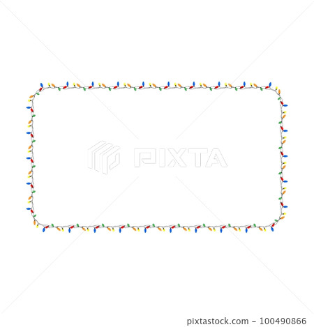 Rectangular frame with multi colored Christmas lights for garlands. Decorating Christmas cards with lights and garlands. Cartoon vector isolated on white background Rectangular frame with multi colored Christmas lights for garlands. Decorating Christmas cards with lights and garlands. Cartoon vector isolated on white background 100490866