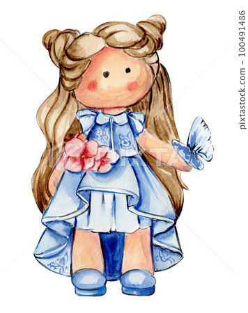 Watercolor hand drawn cute doll Tilda indress. Hand drawn watercolor illustration isolated on white.Designf for baby shower party, birthday,cake, holiday celebration design. greetings card,invitation. 100491486