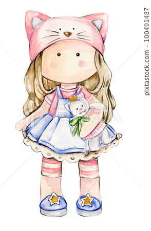 Watercolor hand drawn cute doll Tilda indress. Hand drawn watercolor illustration isolated on white.Designf for baby shower party, birthday,cake, holiday celebration design. greetings card,invitation. Watercolor hand drawn cute doll Tilda indress. Hand drawn watercolor illustration isolated on white.Designf for baby shower party, birthday,cake, holiday celebration design. greetings card,invitation. 100491487