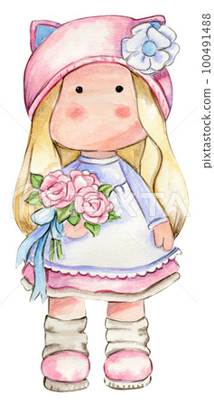 Watercolor hand drawn cute doll Tilda indress. Hand drawn watercolor illustration isolated on white.Designf for baby shower party, birthday,cake, holiday celebration design. greetings card,invitation. 100491488