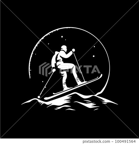 Skier logo template, mountain skis emblem, dotwork tattoo with dots shading, tippling tattoo. Hand drawing emblem on black background for body art, monochrome sketch art. Vector illustration 100491564