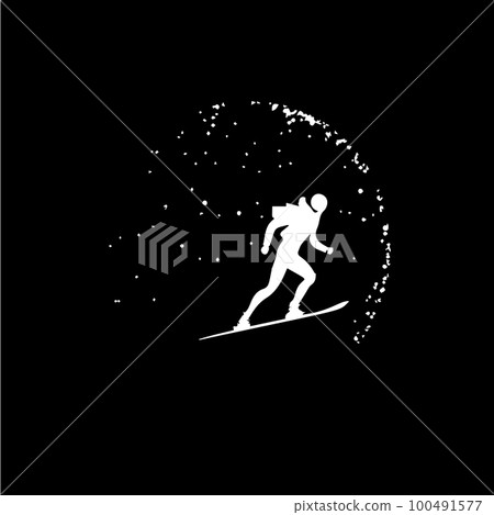 Skier logo template, mountain skis emblem, dotwork tattoo with dots shading, tippling tattoo. Hand drawing emblem on black background for body art, monochrome sketch art. Vector illustration Skier logo template, mountain skis emblem, dotwork tattoo with dots shading, tippling tattoo. Hand drawing emblem on black background for body art, monochrome sketch art. Vector illustration 100491577