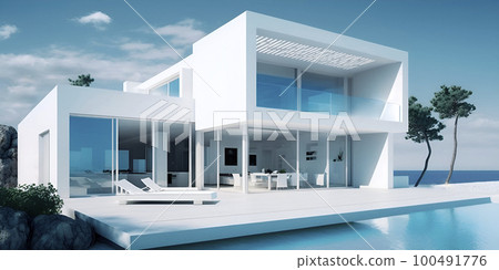 Modern 3D white villa on ocean bank. House exterior design architecture travel estate. Hotel construction apartment rendering sunny sky Modern 3D white villa on ocean bank. House exterior design architecture travel estate. Hotel construction apartment rendering sunny sky 100491776