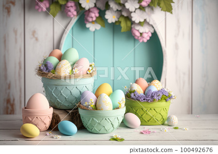 Colorful Easter eggs, pastel colors 100492676