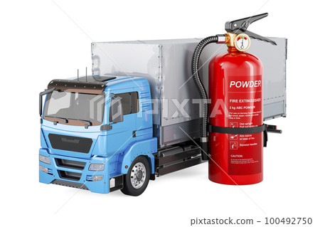 Fire extinguisher with truck. 3D rendering 100492750