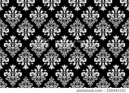 Wallpaper in the style of Baroque. Seamless vector background. White and black floral ornament. Graphic pattern for fabric, wallpaper, packaging. Ornate Damask flower ornament Wallpaper in the style of Baroque. Seamless vector background. White and black floral ornament. Graphic pattern for fabric, wallpaper, packaging. Ornate Damask flower ornament 100493191