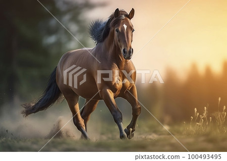 A horse running through a field. Generative AI. 100493495