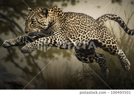 Leopard in a jump. Generative AI. Leopard in a jump. Generative AI. 100493501
