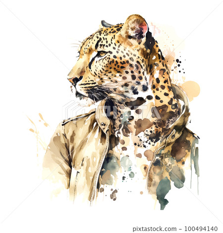 Portrait of Leopard in suit. Hand drawn illustration. Vector Watercolor 100494140