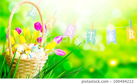 Beautiful Easter background with colorful Easter eggs Beautiful Easter background with colorful Easter eggs 100494222