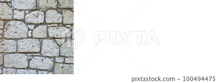 Sturdy white and beige cut stone wall, seamless lined up, banner mock up poster desing 100494475