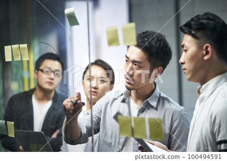 young asian entrepreneur of small company drawing a diagram on glass during team workshop in office 100494591