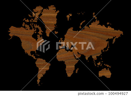 Detailed decorative world map cut from wood texture rosewood, isolated on black background 100494927