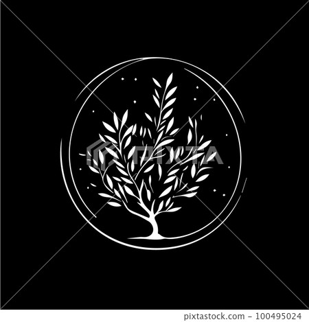 Olive branch boho logo white icon of hand drawn sketch dry branch leaves silhouette on black background, t-shirt print, nature label, tattoo template. Isolated vector illustration Olive branch boho logo white icon of hand drawn sketch dry branch leaves silhouette on black background, t-shirt print, nature label, tattoo template. Isolated vector illustration 100495024