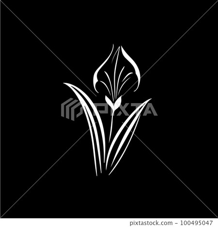 Minimalistic waterlily logo template, white icon of lily petals flower silhouette on black background, yoga logotype concept, cosmetic emblem, tattoo. Vector illustration 100495047