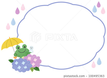 Rainy season/hydrangea illustration balloon frame material of a frog holding an umbrella 100495363