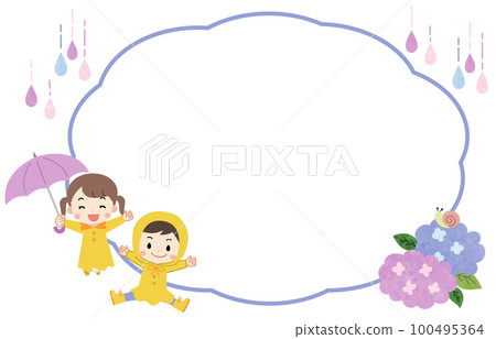 Rainy season/hydrangea Illustration speech bubble frame material of a child wearing an umbrella and a lei coat 100495364