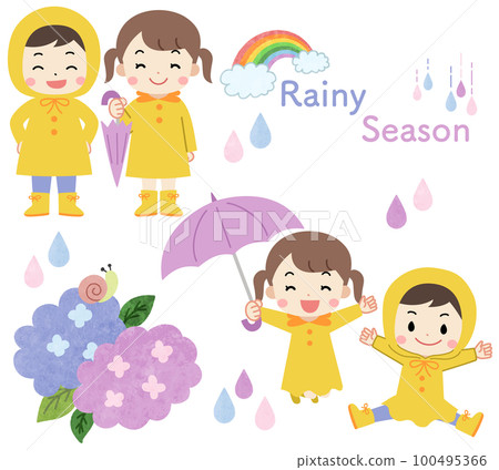 穿著雨衣的孩子的雨季/繡球花插圖素材集 100495366
