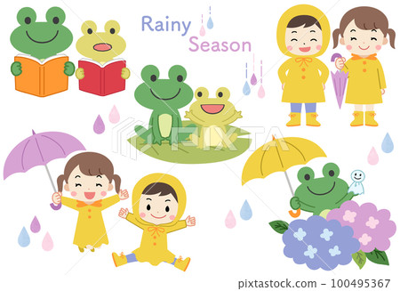 Rainy season/hydrangea Illustration material set of a child wearing a raincoat and a frog Rainy season/hydrangea Illustration material set of a child wearing a raincoat and a frog 100495367