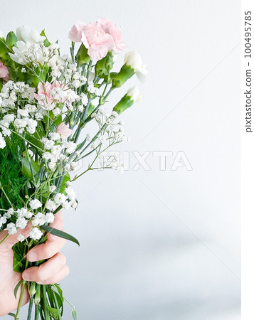 Close up photo of a bouquet of pink carnations 100495785