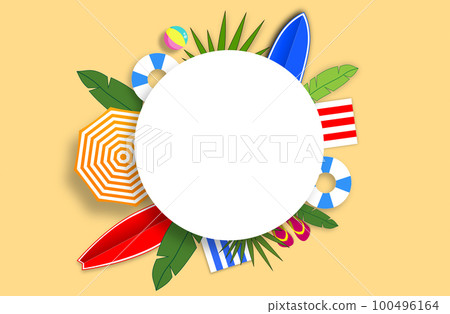Summer concept with a gold sandy beach. Handmade composition with a white blank space for logo. 100496164