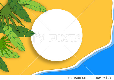 Summer concept with a gold sandy beach and sea. Handmade composition with a white blank space for logo. 100496195