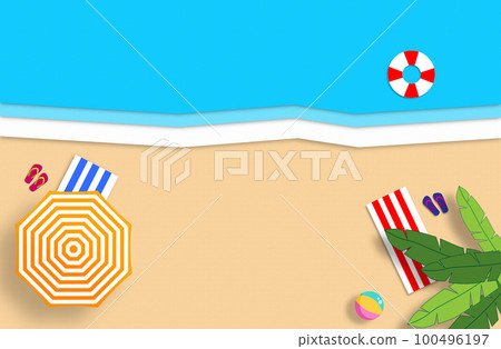 Summer concept. Gold sandy beach, sea and relax places. Handmade, paper composition. Summer concept. Gold sandy beach, sea and relax places. Handmade, paper composition. 100496197