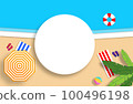 Summer concept with a gold sandy beach and sea. Handmade composition with a white blank space for logo. 100496198