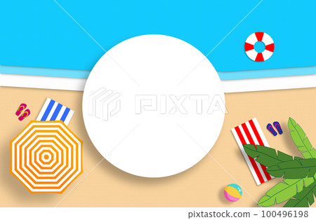 Summer concept with a gold sandy beach and sea. Handmade composition with a white blank space for logo. Summer concept with a gold sandy beach and sea. Handmade composition with a white blank space for logo. 100496198